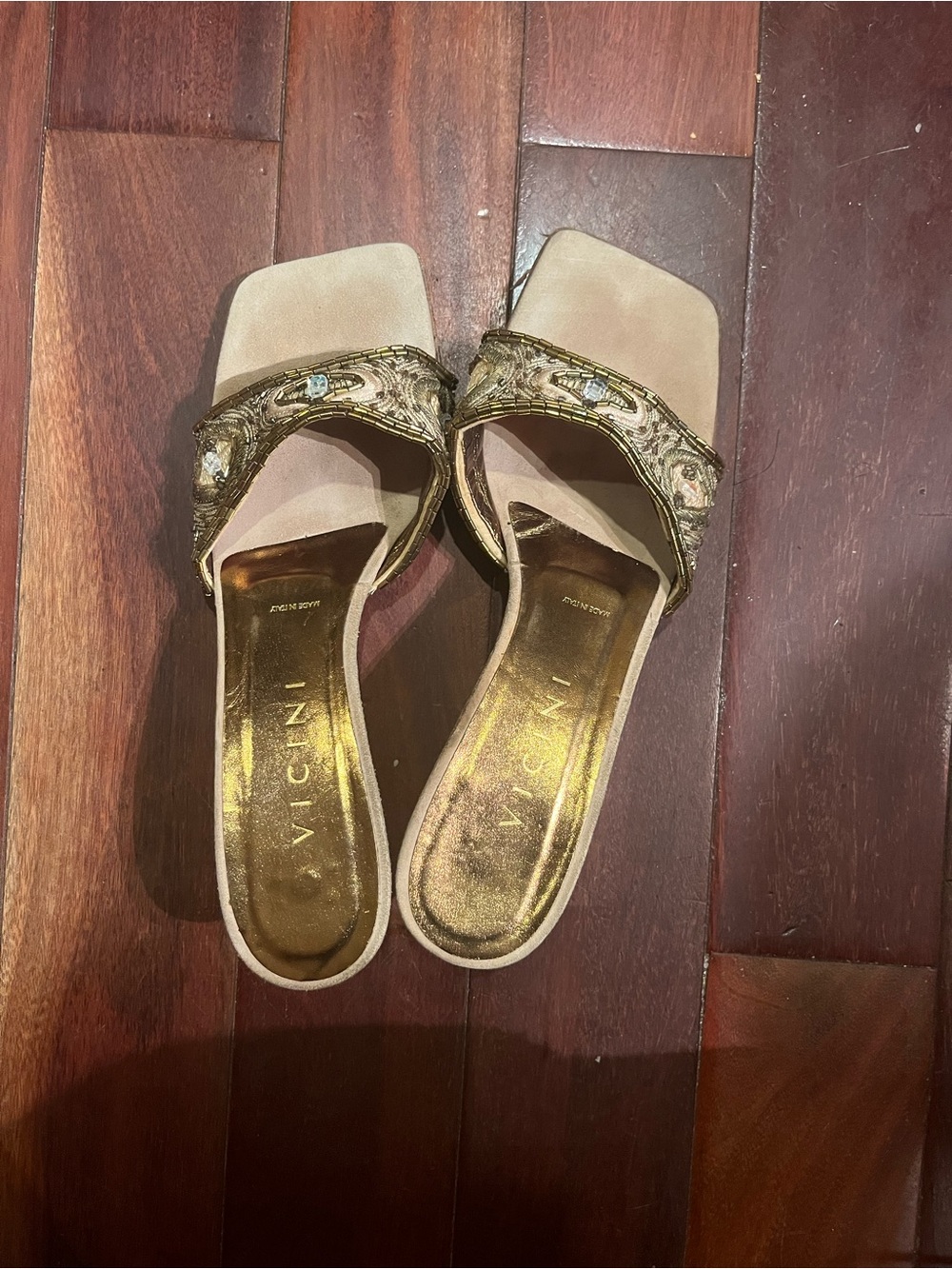 Vicini Gold Beaded Slide Mules. Size 41.